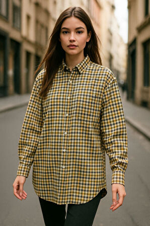 Kadın Sarı Oversize Ekoseli Gömlek Over Fit Relaxed Kareli Gömlek