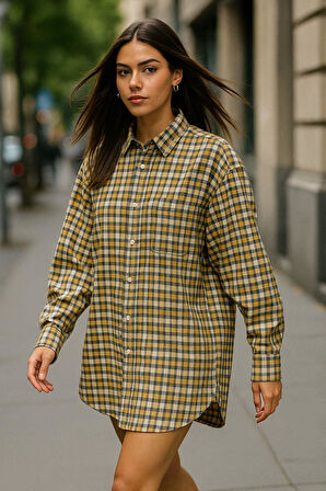 Kadın Sarı Oversize Ekoseli Gömlek Over Fit Relaxed Kareli Gömlek