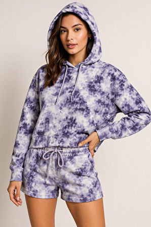 Kadın Lila Kapüşonlu Sweatshirt-Şortlu Alt Üst Takım Oversize Batik Desen İkili Takım