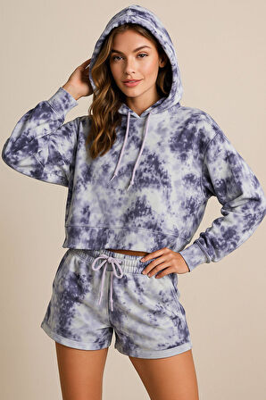Kadın Lila Kapüşonlu Sweatshirt-Şortlu Alt Üst Takım Oversize Batik Desen İkili Takım