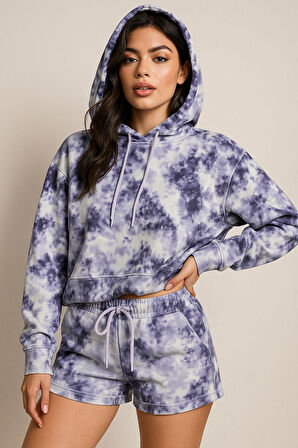 Kadın Lila Kapüşonlu Sweatshirt-Şortlu Alt Üst Takım Oversize Batik Desen İkili Takım