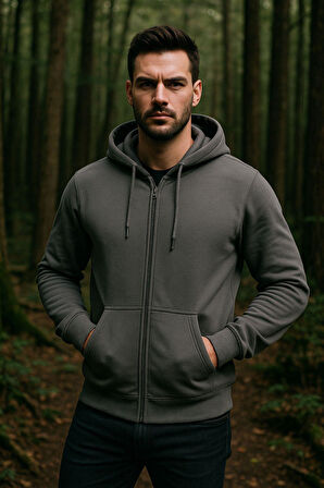 Erkek Kapüşonlu Pamuklu Sweatshirt Hırka Fermuarlı Rahat Kalıp Basic Hırka