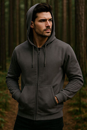 Erkek Kapüşonlu Pamuklu Sweatshirt Hırka Fermuarlı Rahat Kalıp Basic Hırka