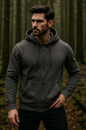 Erkek Kapüşonlu Pamuklu Sweatshirt Hırka Fermuarlı Rahat Kalıp Basic Hırka