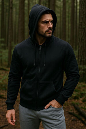 Erkek Kapüşonlu Pamuklu Sweatshirt Hırka Fermuarlı Rahat Kalıp Basic Hırka