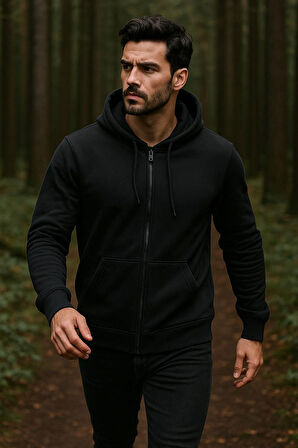 Erkek Kapüşonlu Pamuklu Sweatshirt Hırka Fermuarlı Rahat Kalıp Basic Hırka