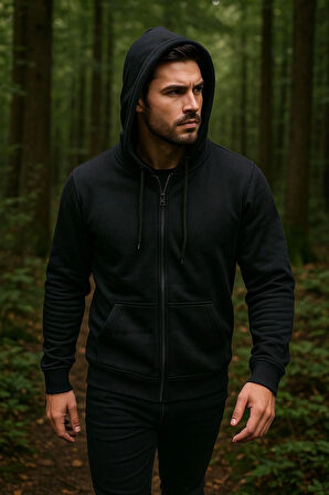 Erkek Kapüşonlu Pamuklu Sweatshirt Hırka Fermuarlı Rahat Kalıp Basic Hırka
