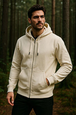 Erkek Kapüşonlu Pamuklu Sweatshirt Hırka Fermuarlı Rahat Kalıp Basic Hırka
