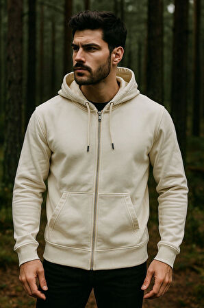 Erkek Kapüşonlu Pamuklu Sweatshirt Hırka Fermuarlı Rahat Kalıp Basic Hırka