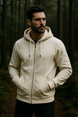 Erkek Kapüşonlu Pamuklu Sweatshirt Hırka Fermuarlı Rahat Kalıp Basic Hırka