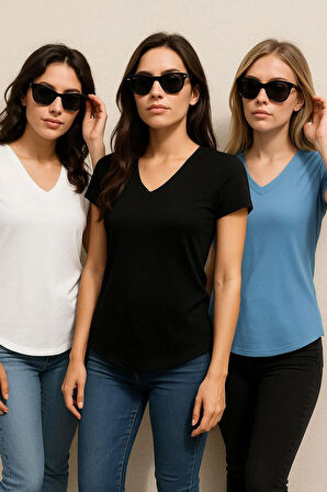 Kadın 3'lü Paket Siyah-Beyaz-Mavi %100 Organik Pamuk Normal Kesim Tişört V Yaka T-Shirt