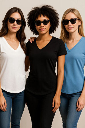 Kadın 3'lü Paket Siyah-Beyaz-Mavi %100 Organik Pamuk Normal Kesim Tişört V Yaka T-Shirt