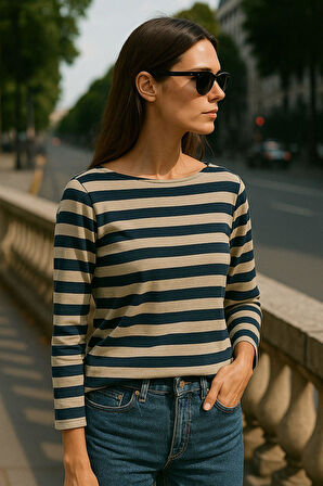 Kadın Çizgili Basic Bluz - Lacivert Bej 3/4 Kol - Günlük Rahat Şık Kombin - Yeni Sezon Trend