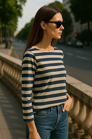 Kadın Çizgili Basic Bluz - Lacivert Bej 3/4 Kol - Günlük Rahat Şık Kombin - Yeni Sezon Trend