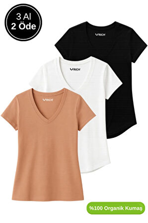Kadın 3'lü Paket Siyah-Beyaz-Kahverengi %100 Organik Pamuk Normal Kesim Tişört V Yaka T-Shirt