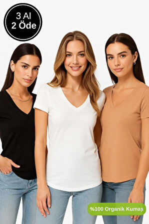 Kadın 3'lü Paket Siyah-Beyaz-Kahverengi %100 Organik Pamuk Normal Kesim Tişört V Yaka T-Shirt