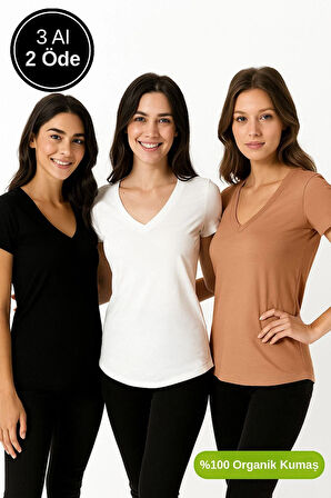 Kadın 3'lü Paket Siyah-Beyaz-Kahverengi %100 Organik Pamuk Normal Kesim Tişört V Yaka T-Shirt