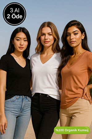 Kadın 3'lü Paket Siyah-Beyaz-Kahverengi %100 Organik Pamuk Normal Kesim Tişört V Yaka T-Shirt