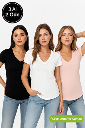 Kadın 3'lü Paket Siyah-Beyaz-Pudra %100 Organik Pamuk Normal Kesim Tişört V Yaka T-Shirt