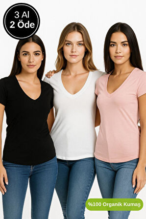 Kadın 3'lü Paket Siyah-Beyaz-Pudra %100 Organik Pamuk Normal Kesim Tişört V Yaka T-Shirt