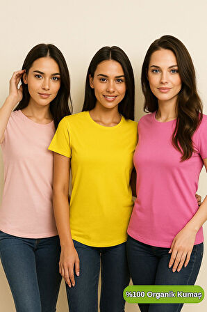 Kadın 3'lü Paket Pudra-Pembe-Sarı %100 Organik Pamuk Normal Kesim Tişört Bisiklet Yaka T-Shirt