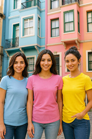 Kadın 3'lü Paket Sarı-Pembe-Mavi %100 Organik Pamuk Normal Kesim Tişört Bisiklet Yaka T-Shirt