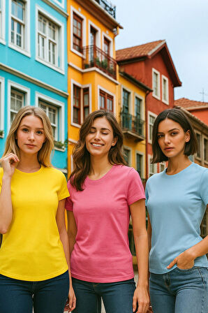 Kadın 3'lü Paket Sarı-Pembe-Mavi %100 Organik Pamuk Normal Kesim Tişört Bisiklet Yaka T-Shirt