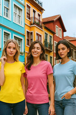 Kadın 3'lü Paket Sarı-Pembe-Mavi %100 Organik Pamuk Normal Kesim Tişört Bisiklet Yaka T-Shirt