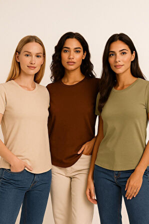 Kadın 3'lü Paket Kahverengi-Haki-Bej %100 Organik Pamuk Normal Kesim Tişört Bisiklet Yaka T-Shirt