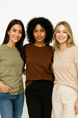 Kadın 3'lü Paket Kahverengi-Haki-Bej %100 Organik Pamuk Normal Kesim Tişört Bisiklet Yaka T-Shirt