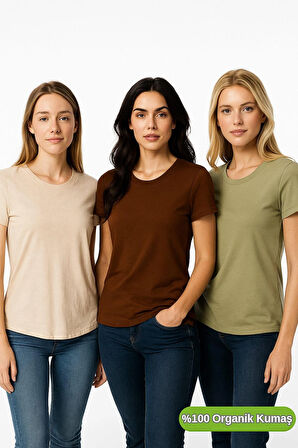 Kadın 3'lü Paket Kahverengi-Haki-Bej %100 Organik Pamuk Normal Kesim Tişört Bisiklet Yaka T-Shirt