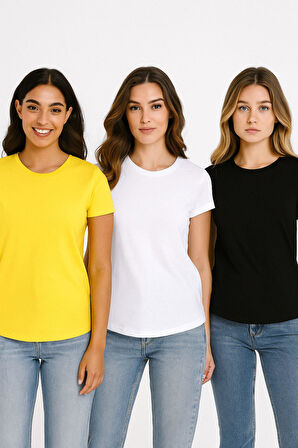 Kadın 3'lü Paket Siyah-Beyaz-Sarı %100 Organik Pamuk Normal Kesim Tişört Bisiklet Yaka T-Shirt