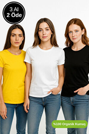 Kadın 3'lü Paket Siyah-Beyaz-Sarı %100 Organik Pamuk Normal Kesim Tişört Bisiklet Yaka T-Shirt
