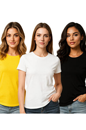 Kadın 3'lü Paket Siyah-Beyaz-Sarı %100 Organik Pamuk Normal Kesim Tişört Bisiklet Yaka T-Shirt