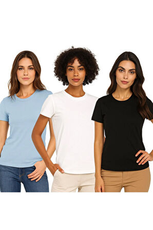 Kadın 3'lü Paket Siyah-Beyaz-Mavi %100 Organik Pamuk Normal Kesim Tişört Bisiklet Yaka T-Shirt