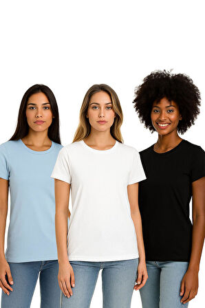 Kadın 3'lü Paket Siyah-Beyaz-Mavi %100 Organik Pamuk Normal Kesim Tişört Bisiklet Yaka T-Shirt