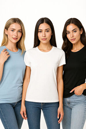 Kadın 3'lü Paket Siyah-Beyaz-Mavi %100 Organik Pamuk Normal Kesim Tişört Bisiklet Yaka T-Shirt