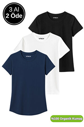Kadın 3'lü Paket Siyah-Beyaz-Lacivert %100 Organik Pamuk Normal Kesim Tişört Bisiklet Yaka T-Shirt
