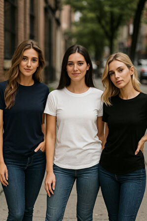 Kadın 3'lü Paket Siyah-Beyaz-Lacivert %100 Organik Pamuk Normal Kesim Tişört Bisiklet Yaka T-Shirt