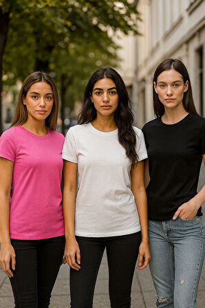 Kadın 3'lü Paket Siyah-Beyaz-Pembe %100 Organik Pamuk Normal Kesim Tişört Bisiklet Yaka T-Shirt