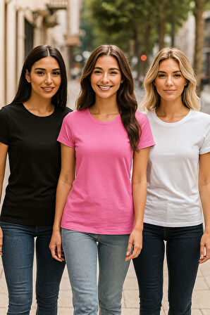 Kadın 3'lü Paket Siyah-Beyaz-Pembe %100 Organik Pamuk Normal Kesim Tişört Bisiklet Yaka T-Shirt