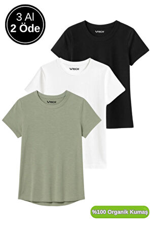 Kadın 3'lü Paket Siyah-Beyaz-Koyu Mint %100 Organik Pamuk Normal Kesim Tişört Bisiklet Yaka T-Shirt