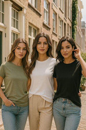 Kadın 3'lü Paket Siyah-Beyaz-Koyu Mint %100 Organik Pamuk Normal Kesim Tişört Bisiklet Yaka T-Shirt