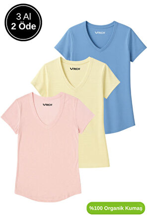 Kadın 3'lü Paket Mavi-Sarı-Pudra %100 Organik Pamuk Normal Kesim Tişört V Yaka T-Shirt