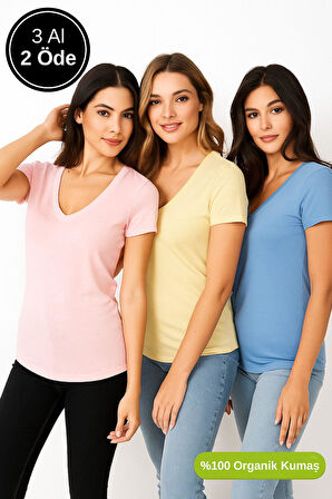 Kadın 3'lü Paket Mavi-Sarı-Pudra %100 Organik Pamuk Normal Kesim Tişört V Yaka T-Shirt