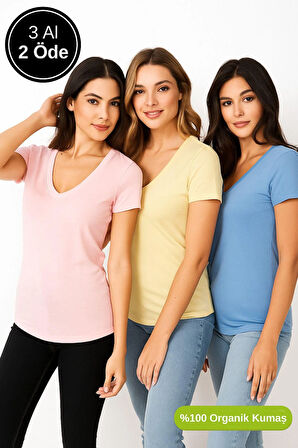 Kadın 3'lü Paket Mavi-Sarı-Pudra %100 Organik Pamuk Normal Kesim Tişört V Yaka T-Shirt