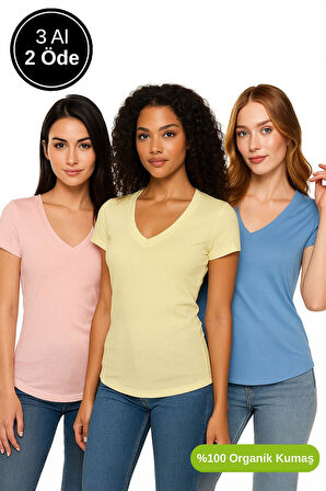 Kadın 3'lü Paket Mavi-Sarı-Pudra %100 Organik Pamuk Normal Kesim Tişört V Yaka T-Shirt
