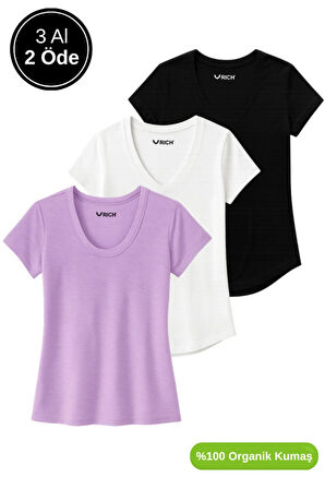 Kadın 3'lü Paket Siyah-Beyaz-Lila %100 Organik Pamuk Normal Kesim Tişört V Yaka T-Shirt