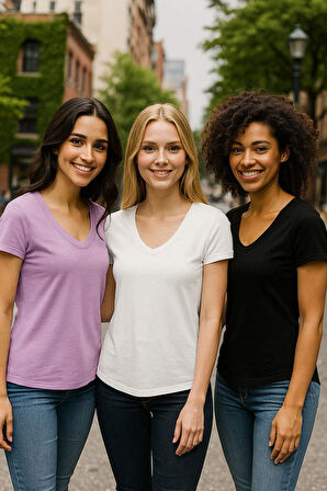 Kadın 3'lü Paket Siyah-Beyaz-Lila %100 Organik Pamuk Normal Kesim Tişört V Yaka T-Shirt