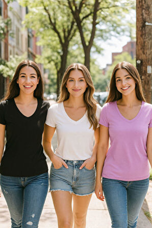 Kadın 3'lü Paket Siyah-Beyaz-Lila %100 Organik Pamuk Normal Kesim Tişört V Yaka T-Shirt